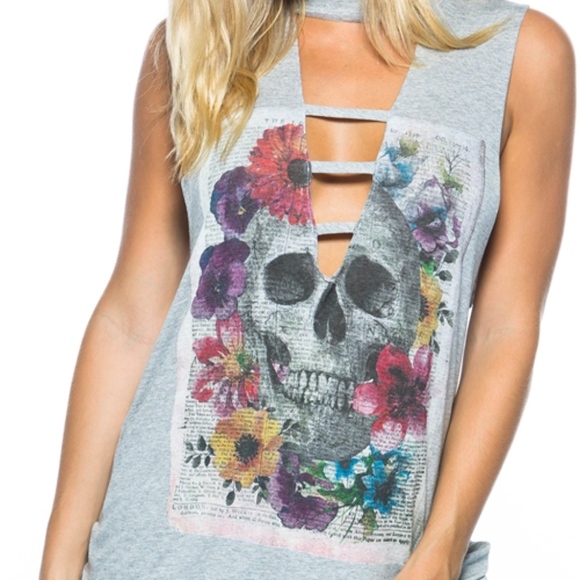 Tops - Last 1! GREY SUGAR SKULL CUTOUT LADDER MUSCLE TEE